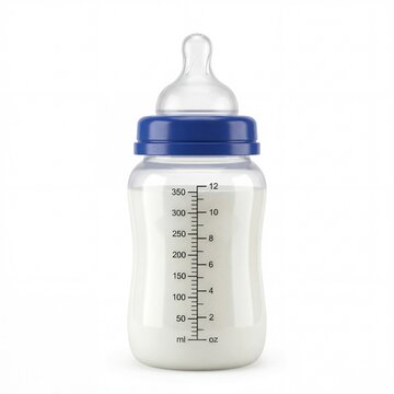 Plastic baby milk bottle with silicone nipple isolated on white.