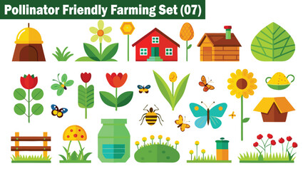 Obraz premium Pollinator-friendly farming icons featuring various insects, honey, and garden houses vector illustration.