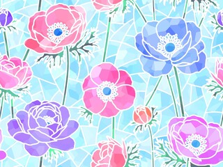 アネモネのステンドグラスのシームレスパターン　c-3