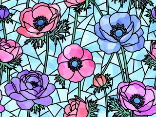アネモネのステンドグラスのシームレスパターン　C-3