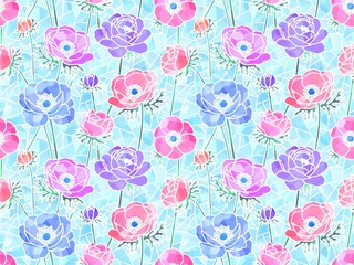 アネモネのステンドグラスのシームレスパターン　c-3'