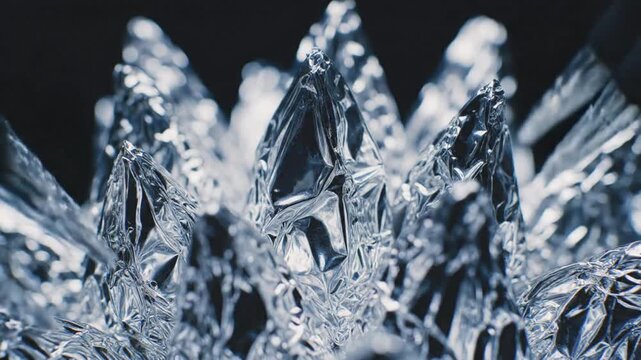 Close-up shot of crystalline ice formations with sharp, transparent structures against a dark background.