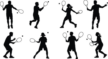 Black silhouettes of male and female tennis players in various action poses with rackets and balls isolated on white background