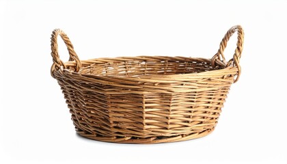 Obraz premium A detailed wicker basket with handles, perfect for storage, decoration, or crafts, isolated on a white background.
