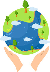Caring Hands Holding Green Earth Illustration. Environmental Protection, Nature Conservation, and Sustainability Concept.