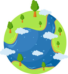 Cartoon illustration of a vibrant green planet with trees, rivers, and clouds, symbolizing nature and ecology