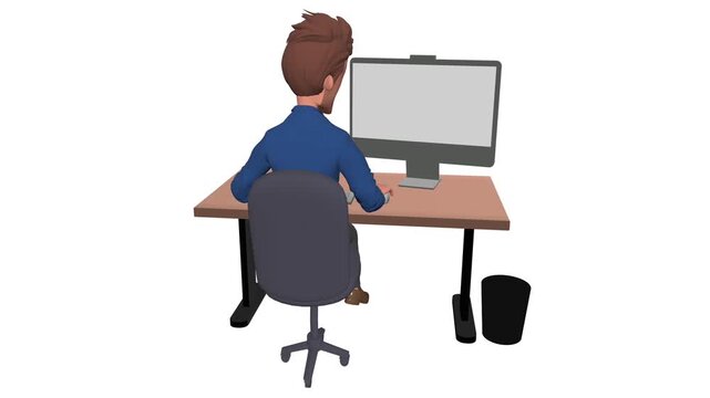 Animated 3D man working and typing on keyboard against white screen background for easy replacement, back view, blank computer screen, customer service, IT support, help desk.