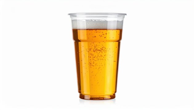 A clear plastic cup filled with cold beer, showcasing bubbles and foam, isolated on a white background.