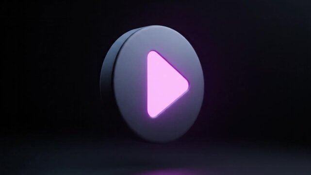 3D rotating play button with glowing neon pink triangle icon on dark background