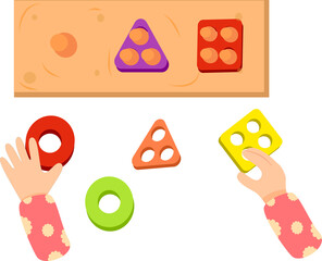 Child hands playing with colorful wooden shape sorter toy. Early learning, education, and cognitive development for toddlers.