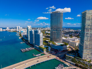 Fototapeta premium Aerial photo Miami Beach highrise condo architecture on Biscayne Bay