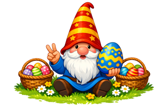 Cheerful garden gnome celebrates spring holiday with decorated Easter eggs on transparent background - Powered by Adobe