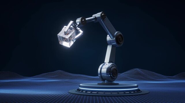 Industrial robotic arm holding a digital cube with a microchip and circuit board on a blue background