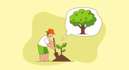 Fototapeta premium Man planting a tree with a thought bubble of a mature tree.