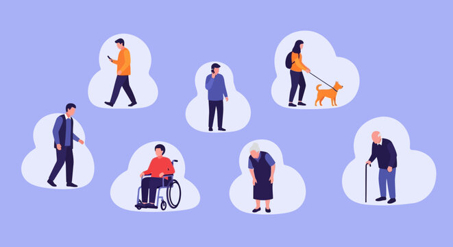 Diverse group of people with disabilities and elderly walking.