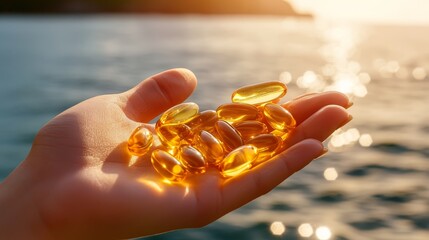 Person holding handful of natural fish oil supplements for essential omega 3 fatty acids and heart health benefits.