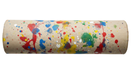 Rolled canvas material covered in colorful abstract paint splatters on a transparent background