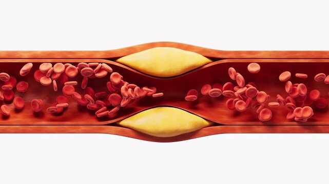 Medical animation of cholesterol plaque narrowing human artery and obstructing red blood cell flow