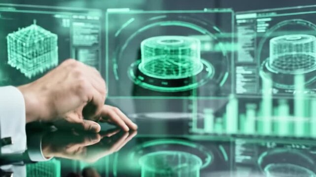 A person in a suit interacts with a futuristic, transparent screen displaying green graphs and charts