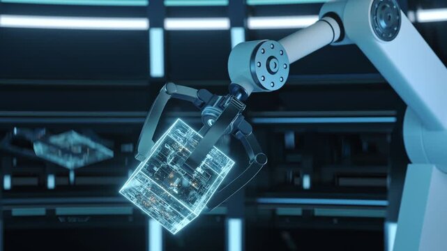 Industrial robotic arm holding glowing digital holographic cube in futuristic laboratory laboratory environment