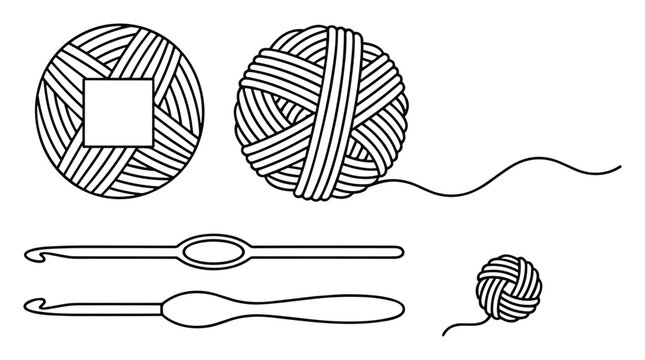 Graphic illustration of crochet tools and various yarn balls on white