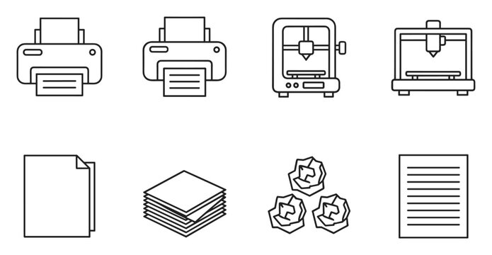 Monochrome vector illustration featuring printer and paper icon set design.