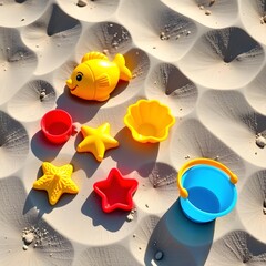 Vibrant High Angle Shot of Colorful Toy Beach Accessories on Sunlit Sandy Dune with Soft Sand Patterns