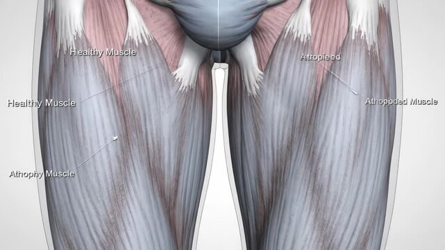 Detailed 3D animation illustrating the stark difference between healthy and atrophied human thigh muscles, highlighting muscle loss.