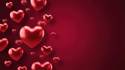 Glossy red hearts of various sizes floating on a deep red background, creating a romantic and loving atmosphere for celebrations.