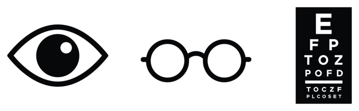 Ophthalmology icons: Eye, eyeglasses, Snellen chart symbolizing eyesight care.
