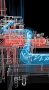 Exploded View of Desalination System Digital Illustration Showcasing Complex Network of Pipes, Chambers, and Machinery with Blue and Red Highlights Indicating Water Flow and Heat Exchange