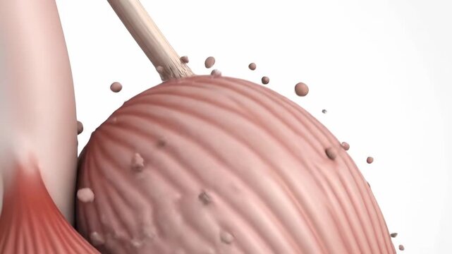 Detailed 3D animation depicting a compromised biological filament inducing cellular breakdown in muscle tissue.