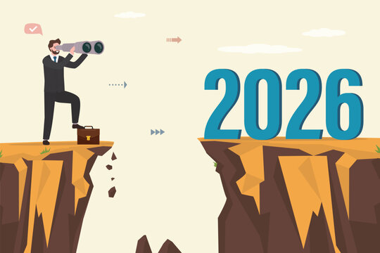 Businessman looks through binoculars to year 2026. Looking into distance. Overcome obstacles in 2025 and starting successful 2026 year. Reach business success,