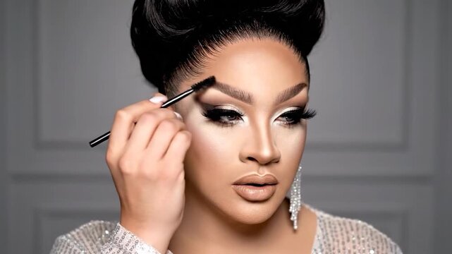 A person applies makeup to their eyebrows with a brush