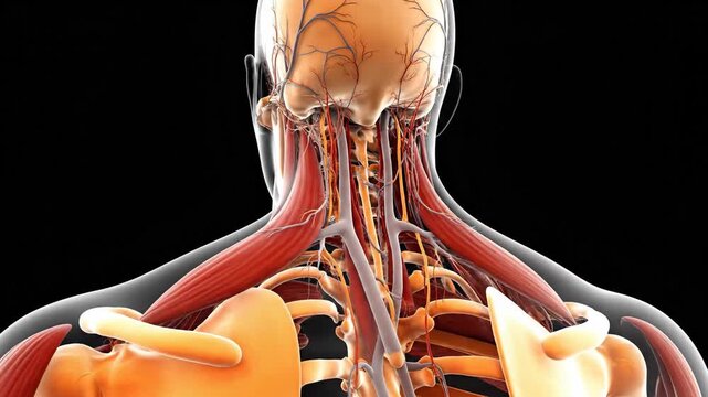 Anatomy of human neck and upper back showing muscles and bone structure
