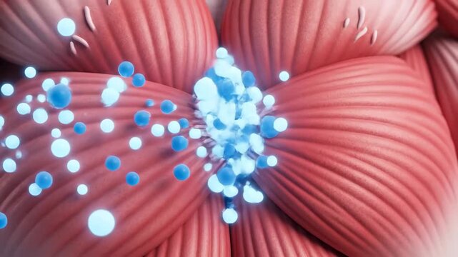 Close-up 3D animation showing muscle tissue contracting as essential particles are absorbed. Illustrates cellular repair and energy intake for muscle health and recovery.