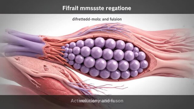 Visualizing muscle repair at a cellular level, demonstrating stem cell differentiation and integration for healing.