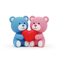 Obraz premium Adorable blue and pink teddy bears sitting together holding a red heart in their paws against a clean white background with subtle grid pattern.