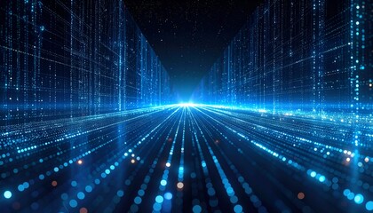 Cyber cityscape with data streams and glowing lines converging