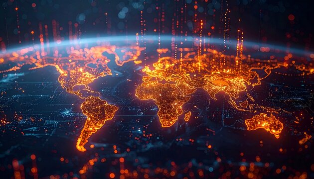 Illuminated digital world map with orange lights, data streams - Powered by Adobe