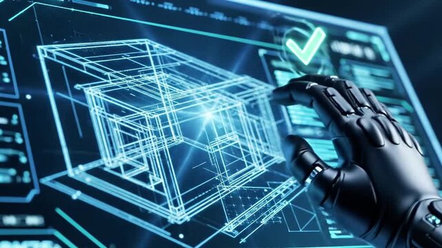 A futuristic robotic hand interacts with a holographic 3D model on a digital interface, surrounded by various buttons and screens