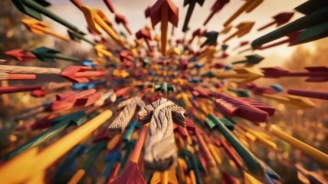 A vibrant, colorful Maypole with ribbons dancing in the air