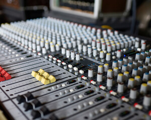 Fototapeta premium Analog mixer with manual knobs, multiple inputs, clear sound control, durable build, simple interface, ideal for live or studio audio