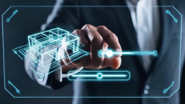A person's hand interacting with a futuristic, glowing blue schematic on a transparent screen