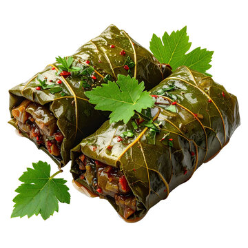 Japrak served in a pot with a rich tomato-based sauce, a classic Balkan dish, isolated on white background.