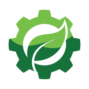 Green gear icon with leaf design for ecology and technology concepts icon