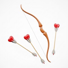 A wooden bow and three arrows with heart-shaped tips on a white background symbolize love and romance.