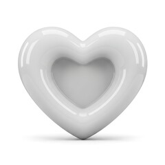 White glossy heart shaped object with inner hollow heart on a plain white background with subtle shadow effect