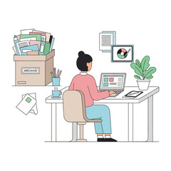 Fototapeta premium Woman working at desk with laptop and archive box, modern office illustration