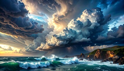 A dramatic seascape with churning waves crashing against rocky cliffs under a stormy sky, bathed in sunlight